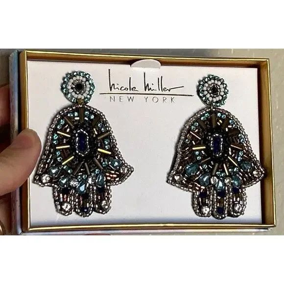 NIB Nicole Miller Beaded Bejeweled Hamsa Earrings - Picture 1 of 4